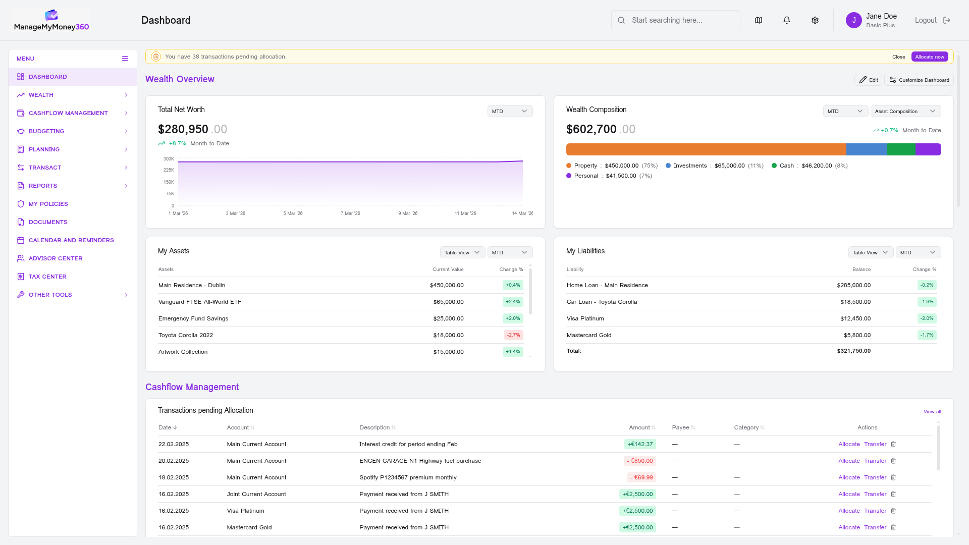 ManageMyMoney360 Dashboard
